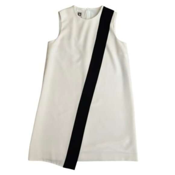 Anne Klein Ivory Shift Dress with Asymmetrical Black Trimmed Overlay - Size 4 - Picture 3 of 8